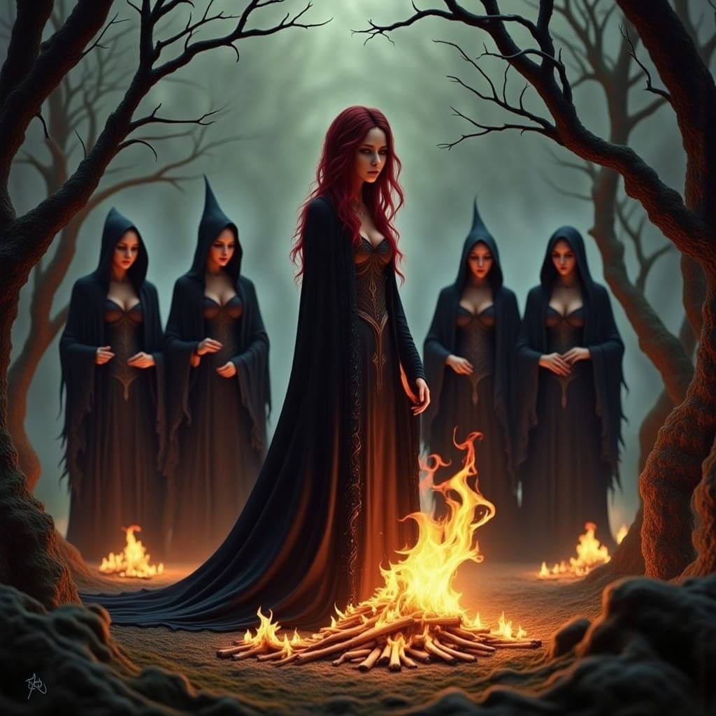 Lilith and Her Coven at Bonfire in Dystopian Style
