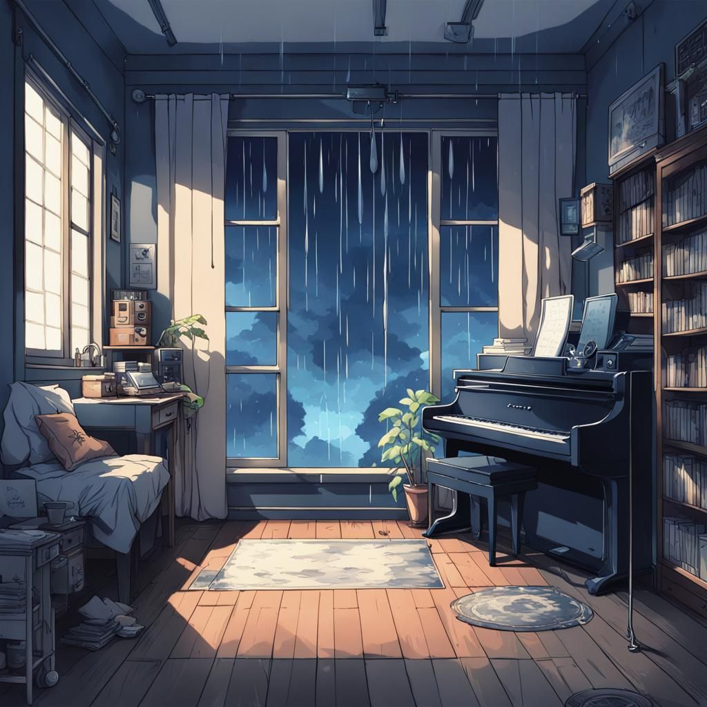 Lofi Musician's Room with Blue Accents in Anime Style