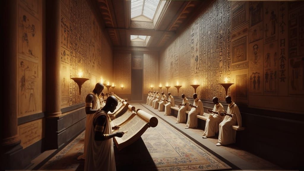 Ancient Egyptian Priests in a Golden-Lit Chamber