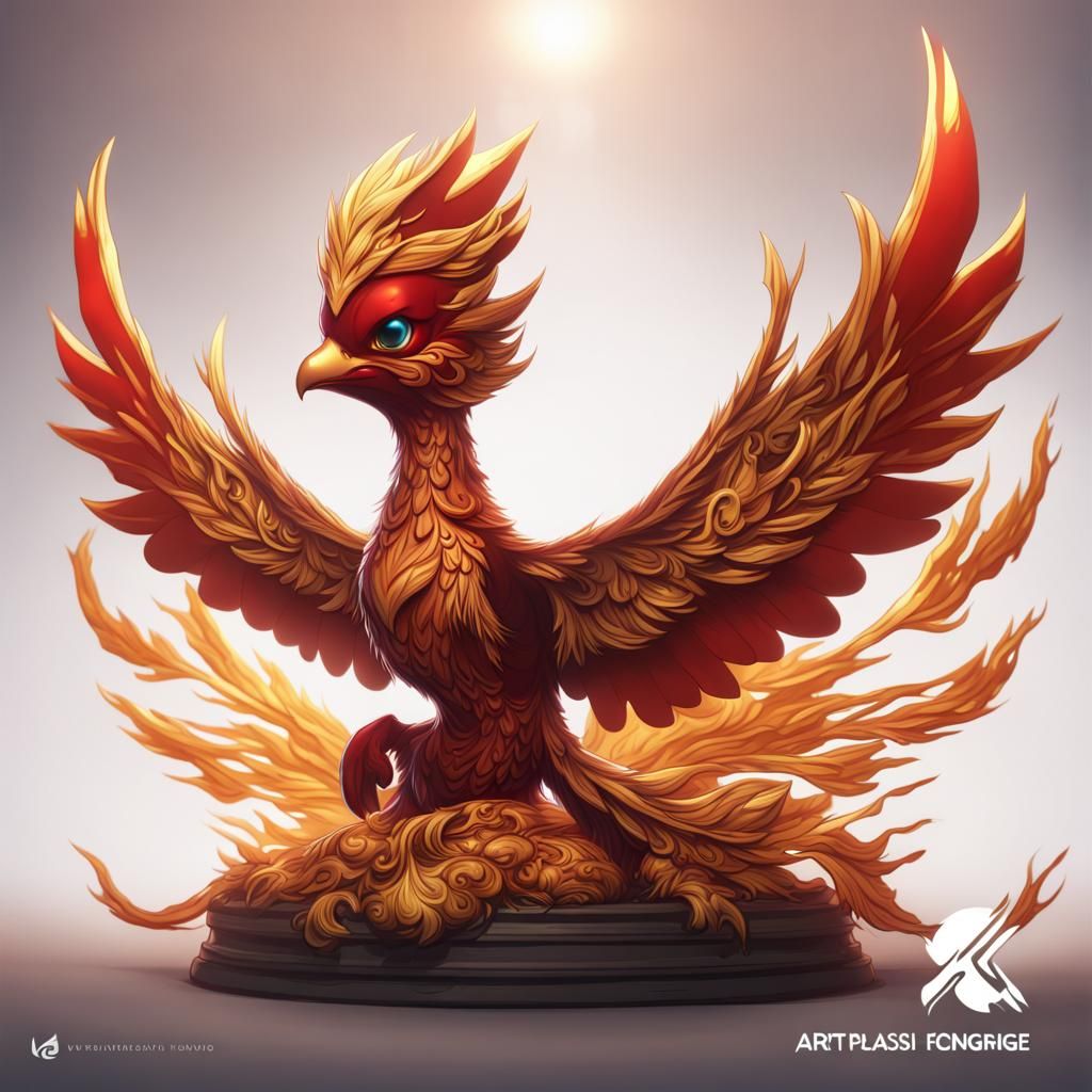 Chibi Red and Gold Phoenix: Fantasy Concept Art