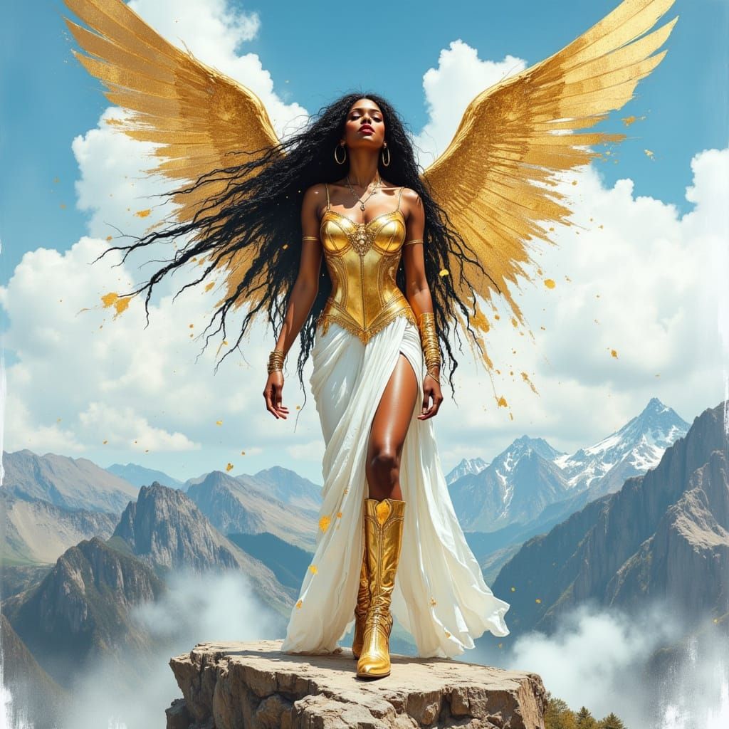 Black Goddess in Futuristic Armor atop Alps