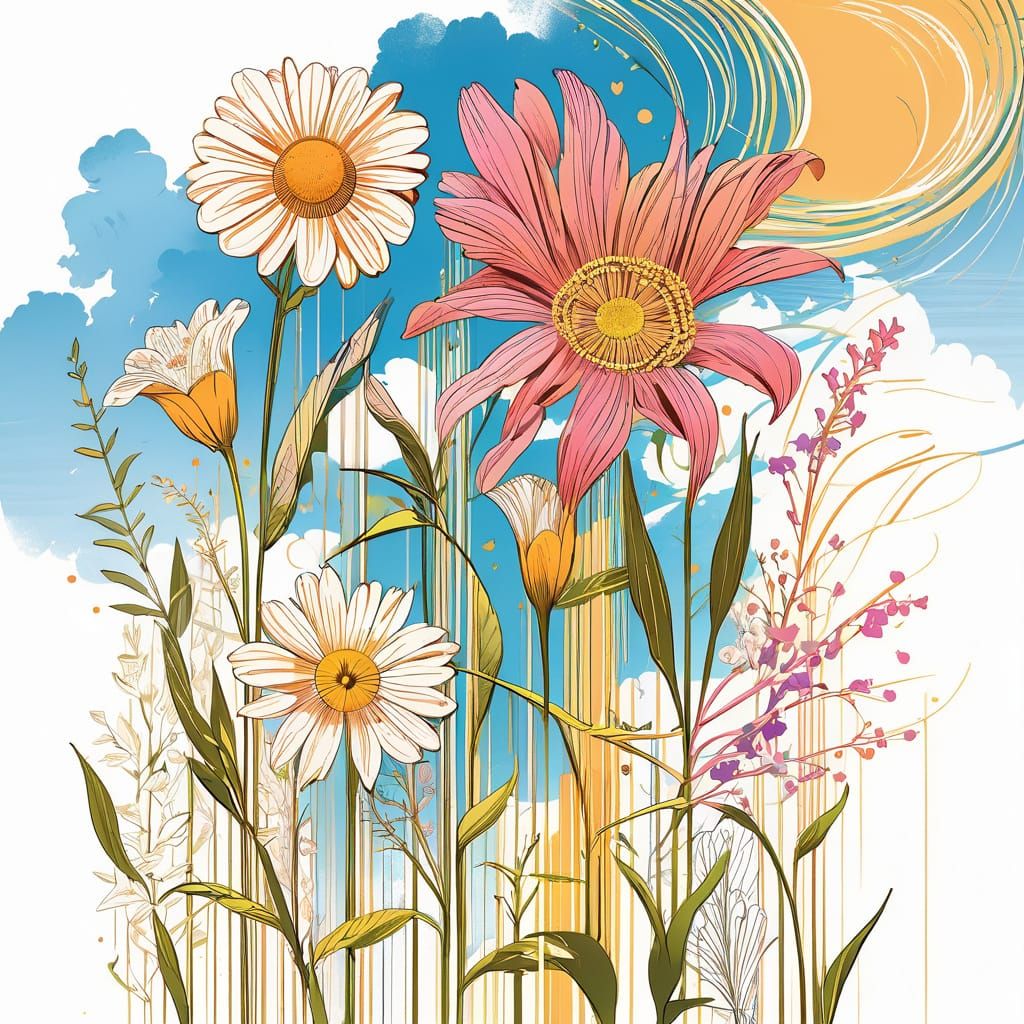 Summer flowers growing on a hot sunny day. drawn with callig...