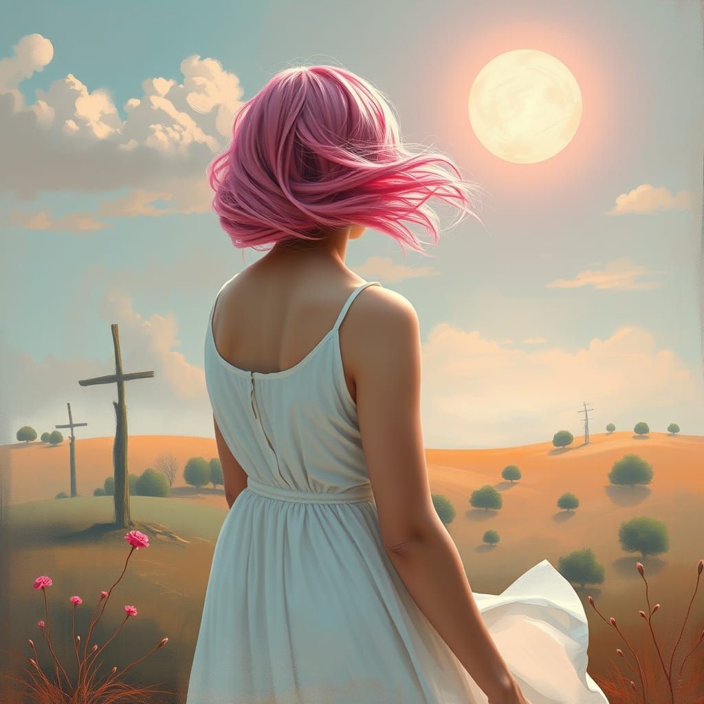 Pink-Haired Woman in Surreal Dadaist Landscape