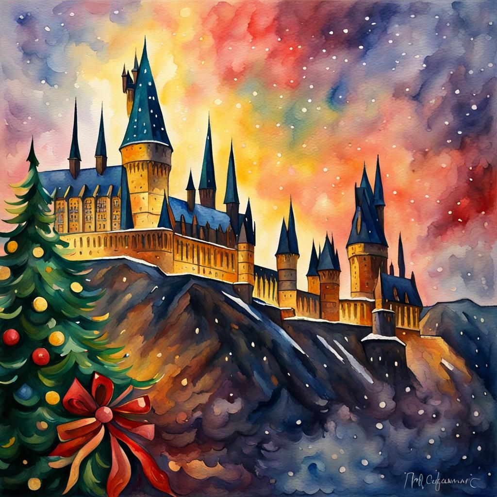 Christmas at Hogwarts in Watercolor Style