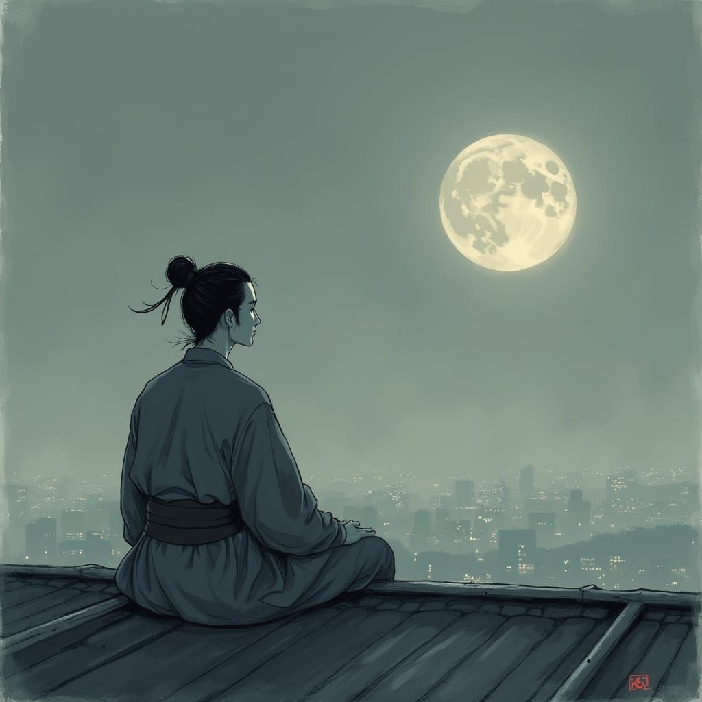 Contemplative Figure Gazing at Moon in Ink Wash Style
