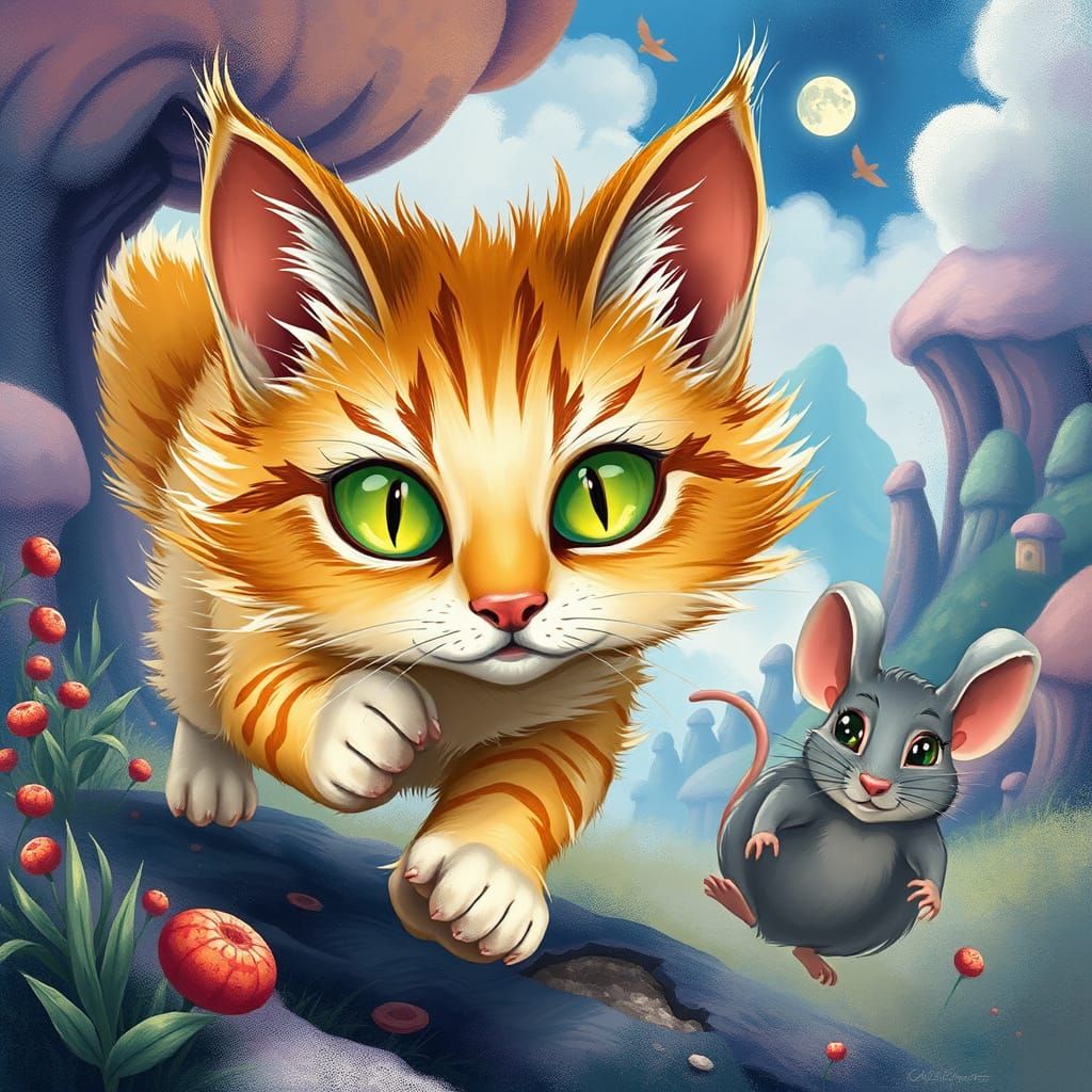 Whimsical Cat Chases Quick-Witted Mouse in Vibrant, Dreamlik...