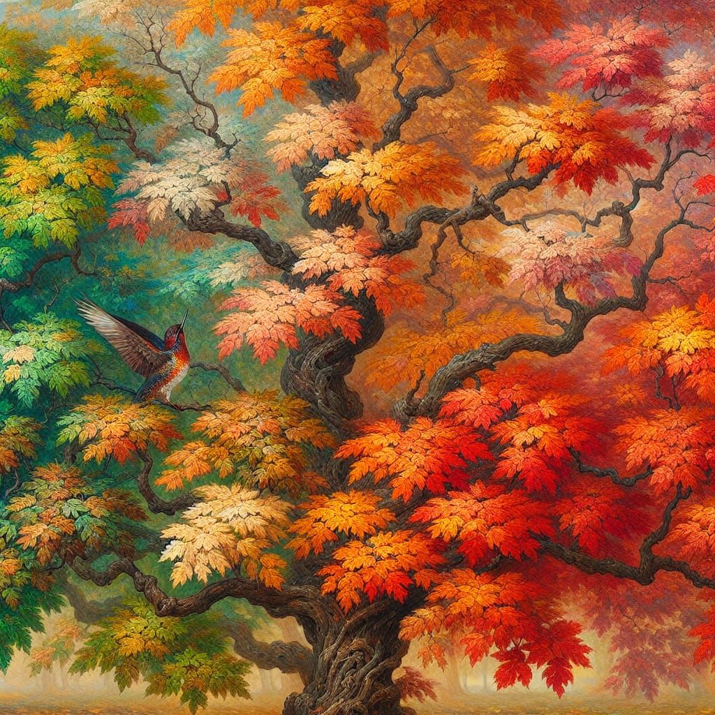 Autumn Tree Bird in Oil Painting Style