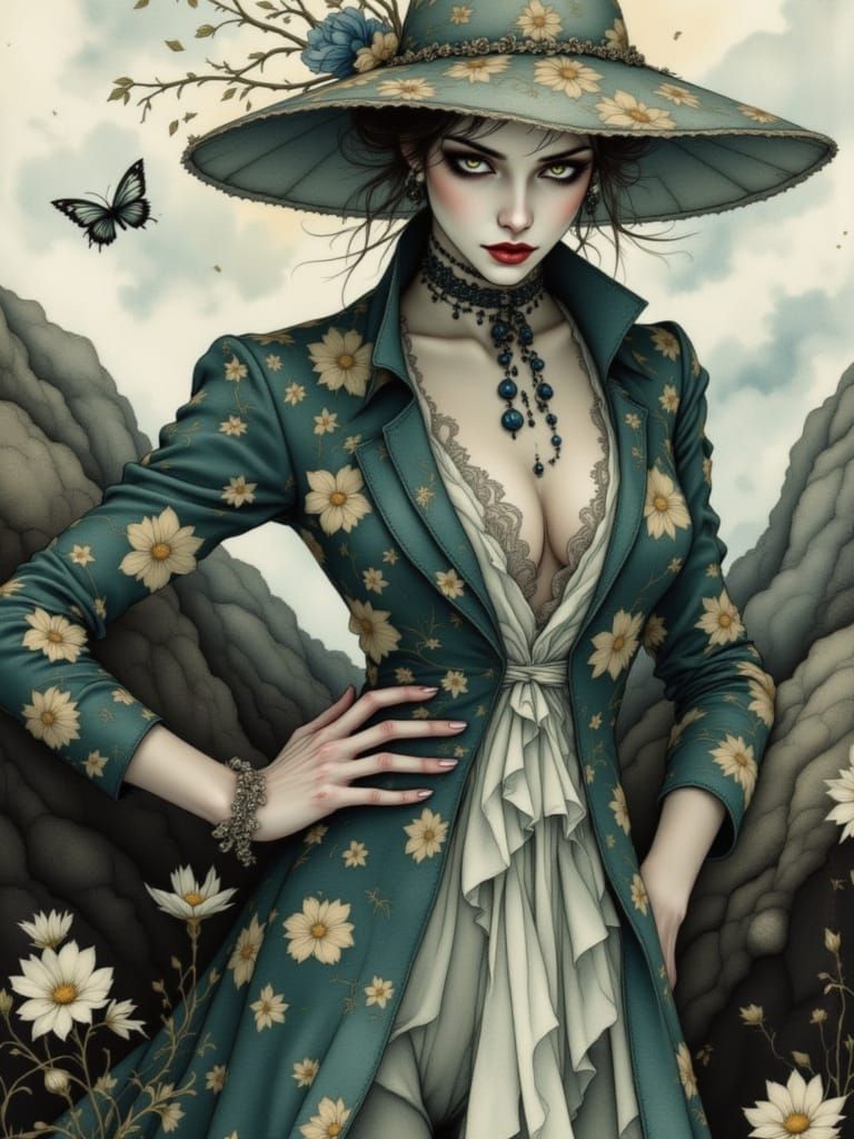 Romantic Art Nouveau Woman Surrounded by Whispers of Nature