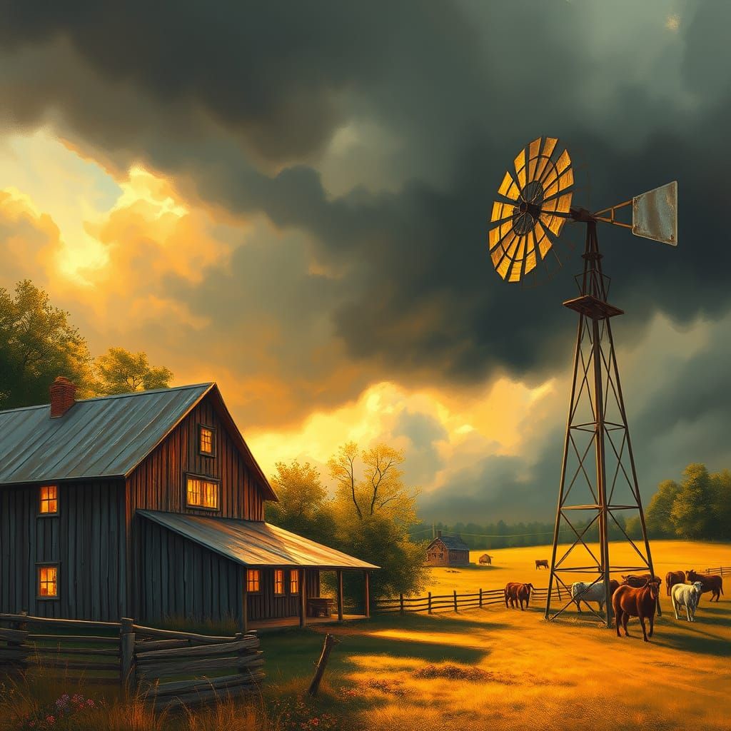 Serene Farmhouse Amidst Darkening Stormy Skies in Warm, Gold...