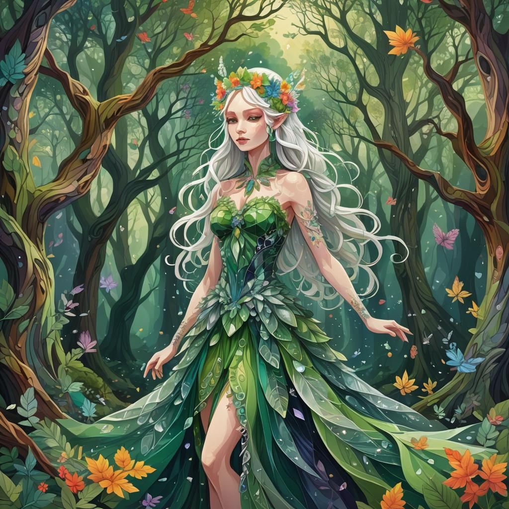 Crystal Fairy in Forest with Rainbow Flowers