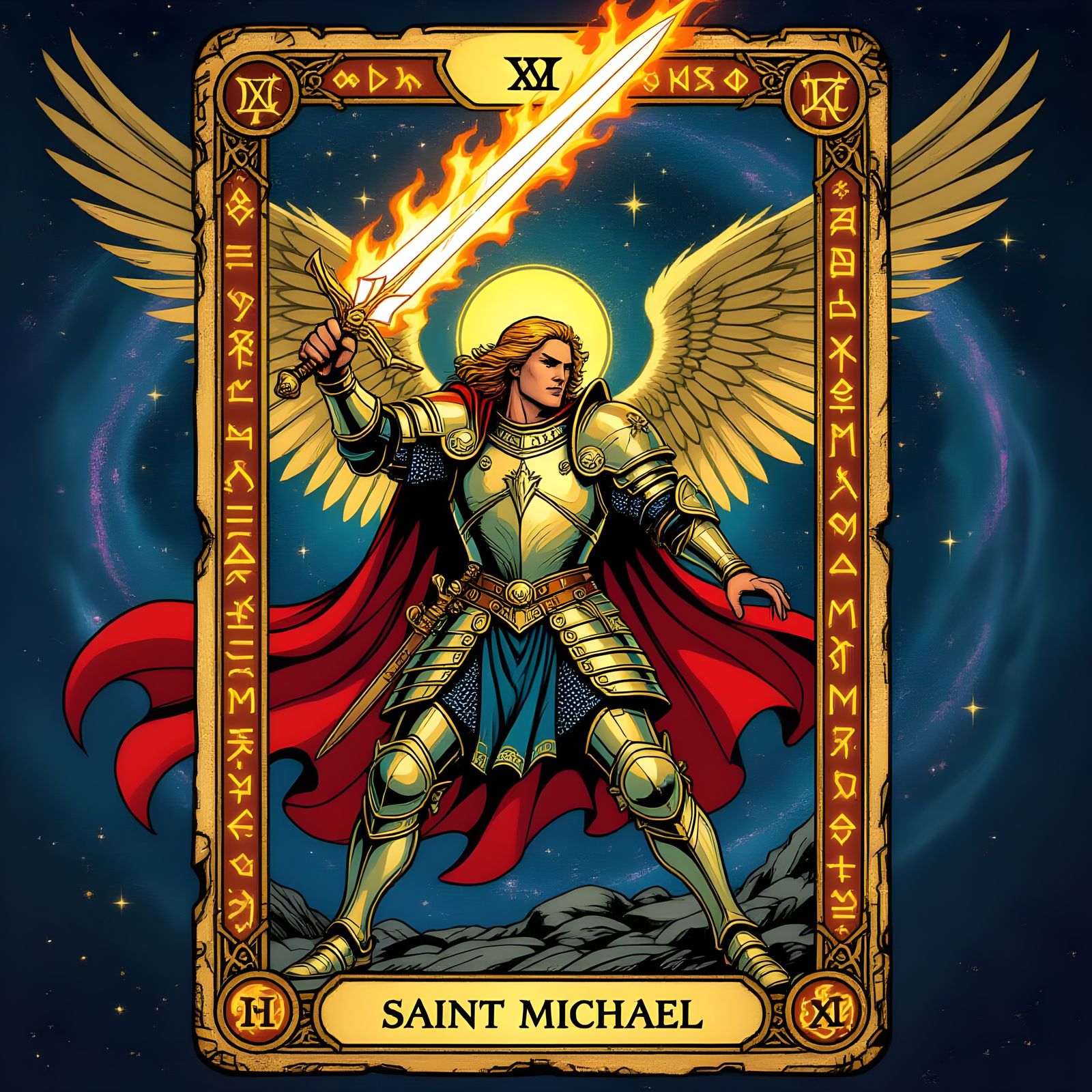 Saint Michael Tarot Card in Comic Book Style