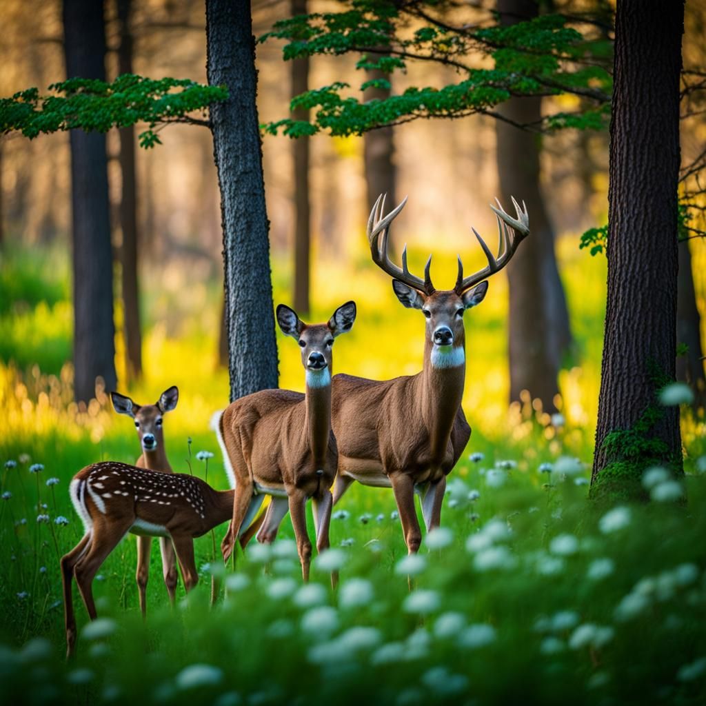 Whitetail Deer Family Eating Clover: Vintage Photograph
