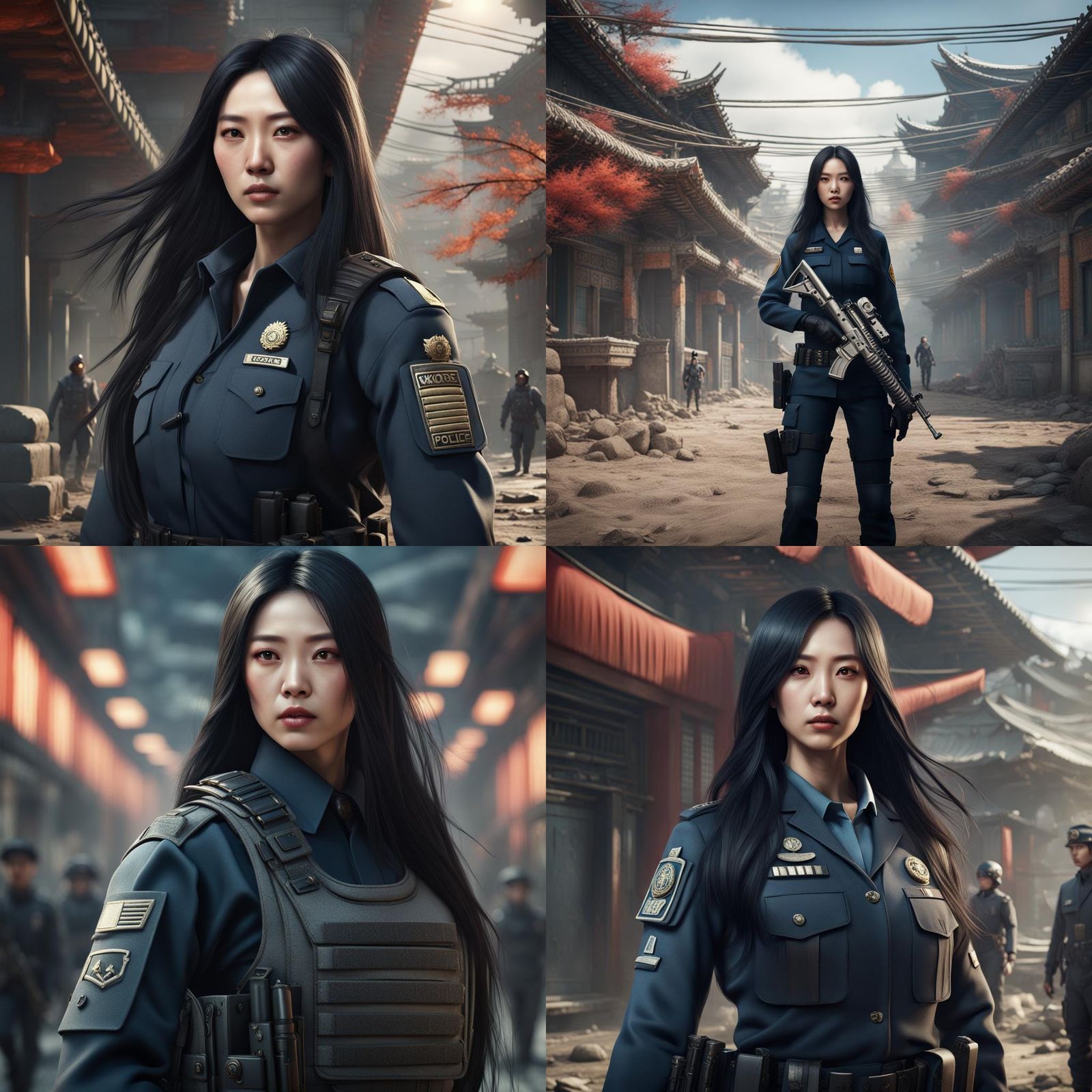 Korean Woman Protected by Officer: Detailed Matte Painting