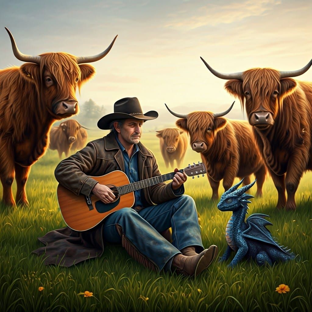 Rugged Cowboy Serenades Highland Cows with Iridescent Dragon...