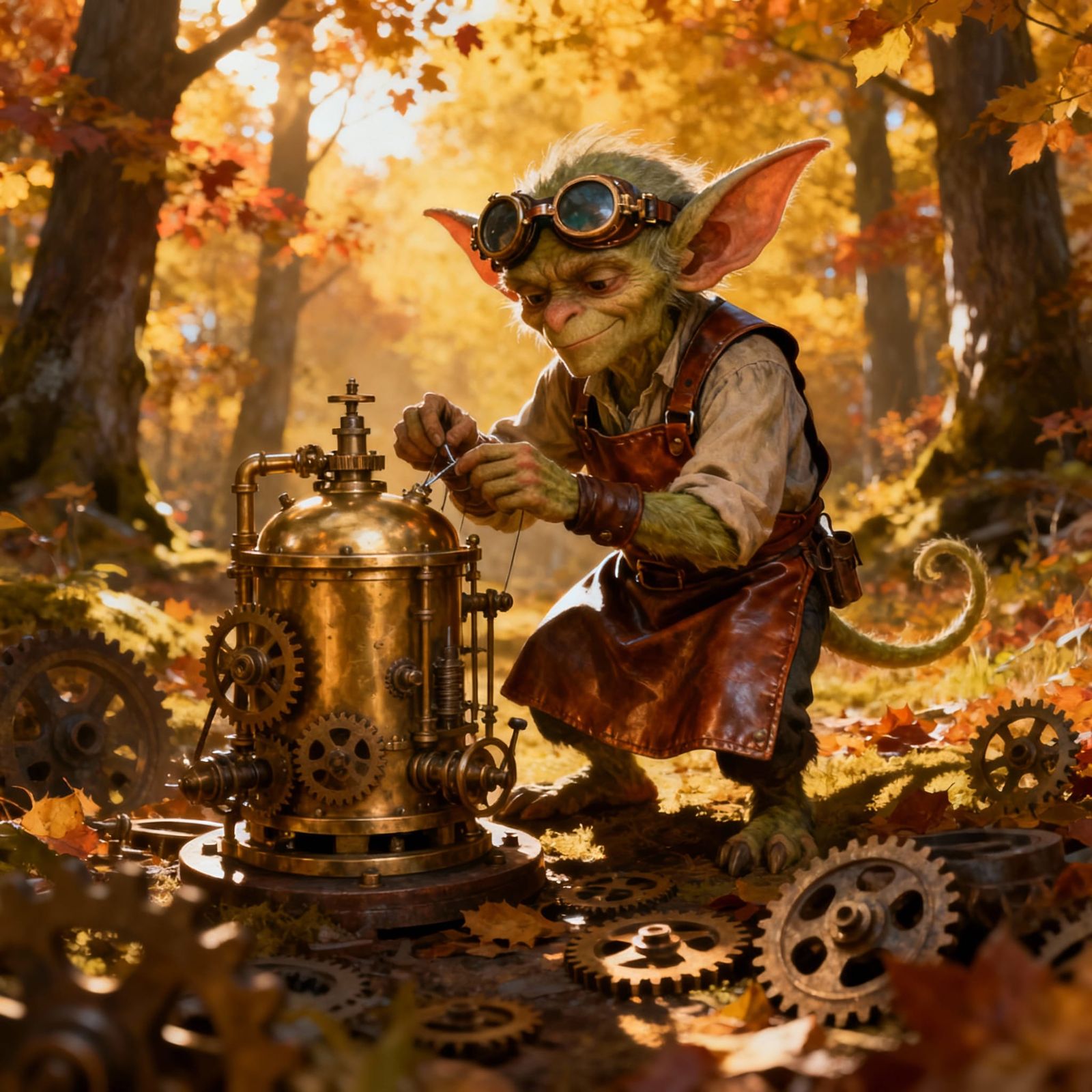 Steampunk Gremlin Tinkers in Autumn Forest Clearing