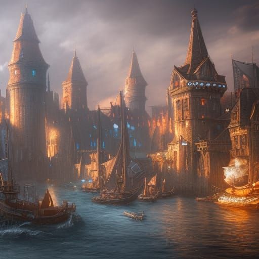 Fantasy Medieval Harbor City Port in Digital Painting