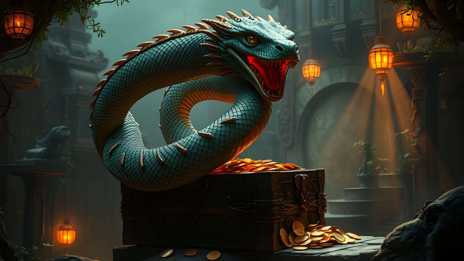 Multi-Headed Serpent Guarding Treasure in Fantasy Scene