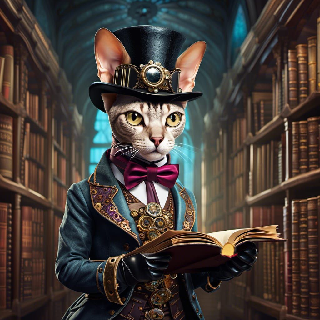 Steampunk Sphynx Cat in Library with Ornate Top Hat