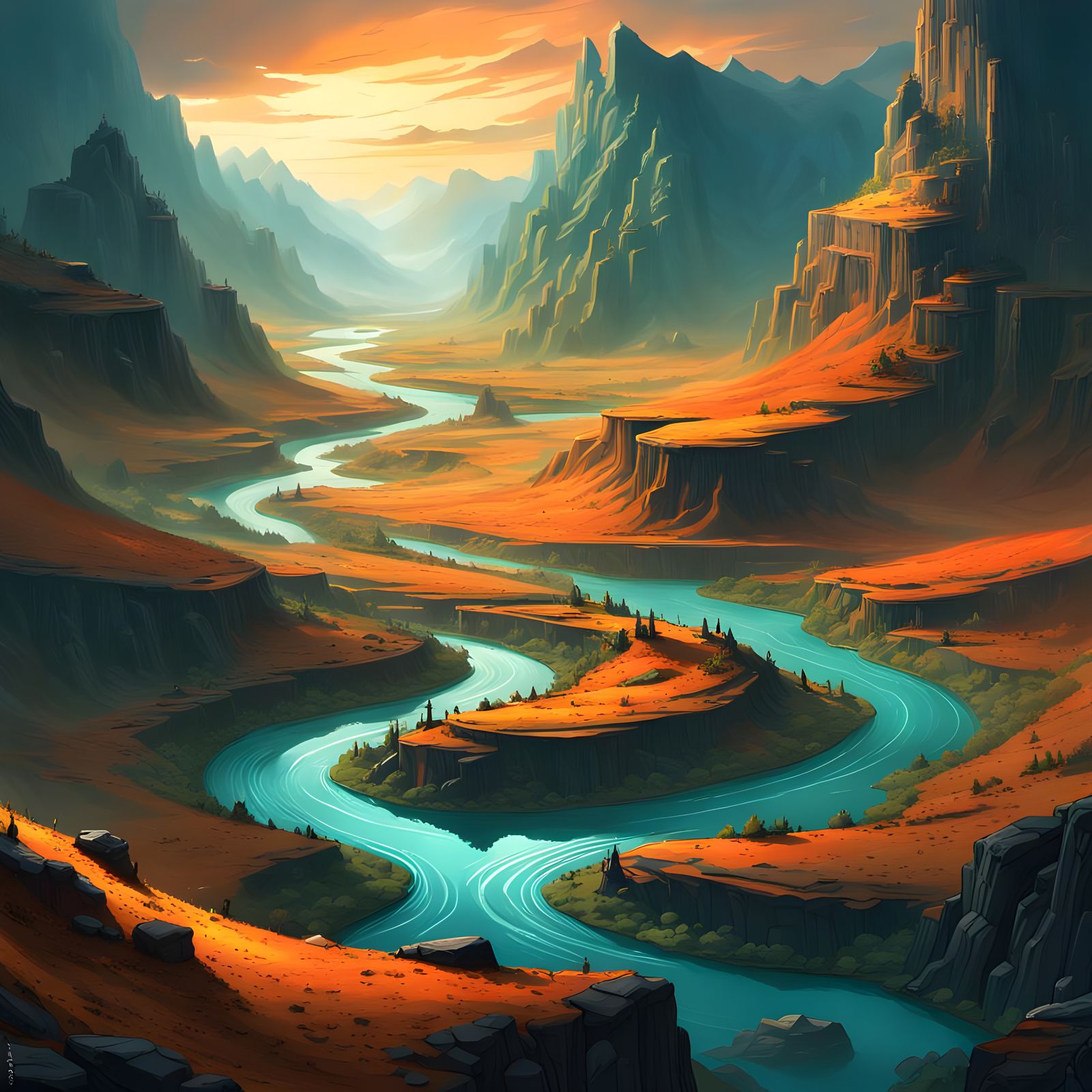 Fantasy Mountainous Region with River in Detailed Matte Pain...