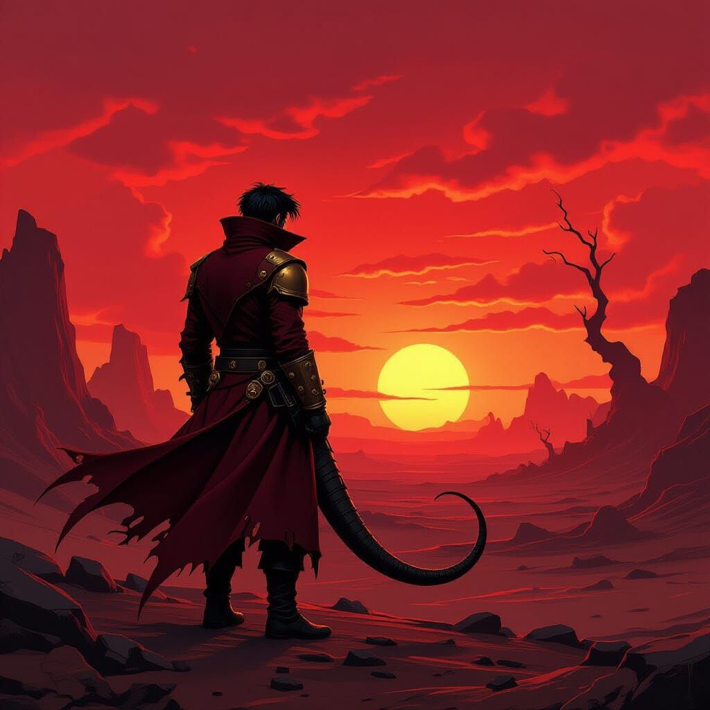 Crimson Sunset Silhouette on Alien World in Dark Fantasy Sty...
