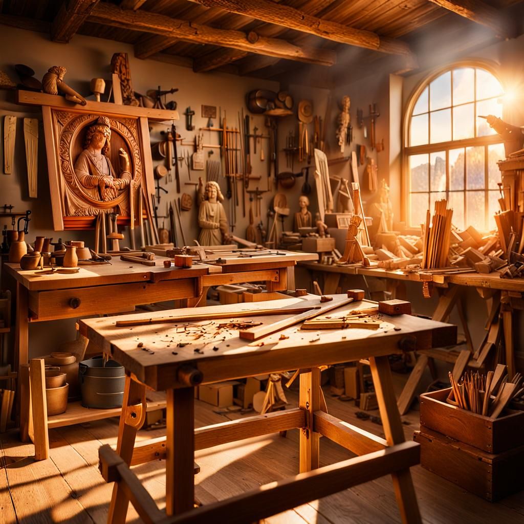 Woodshop Interior with Religious Relief: Old Master Style