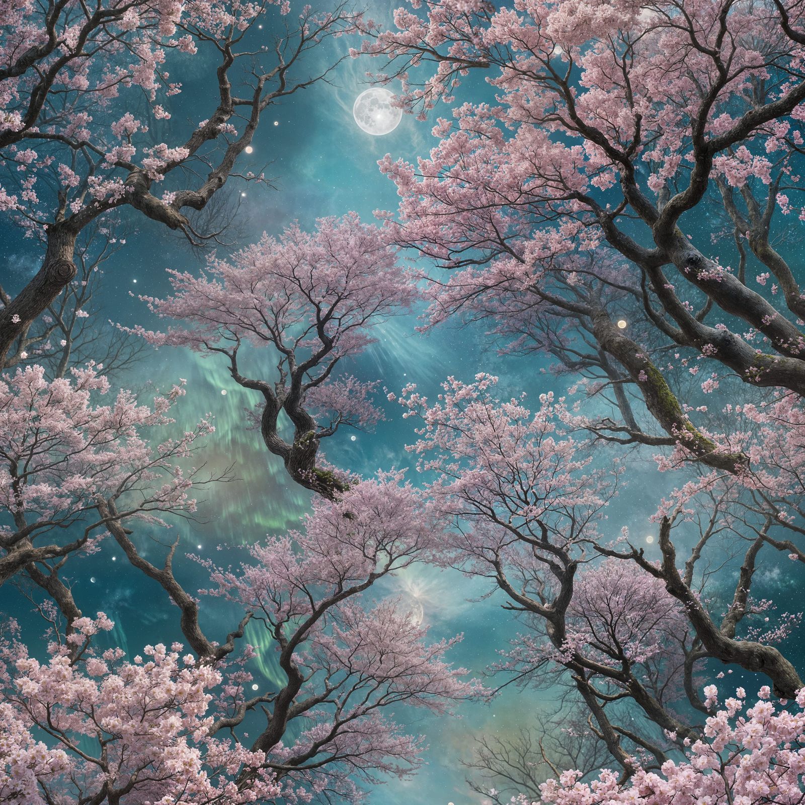 Cherry Blossoms in Winter Forest Under Aurora