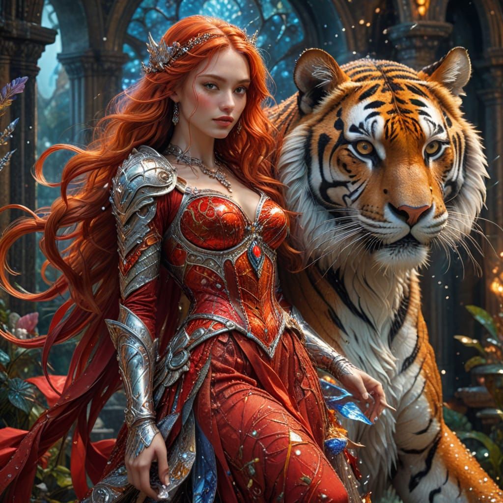 A princess is playing with a royal tiger in a castle