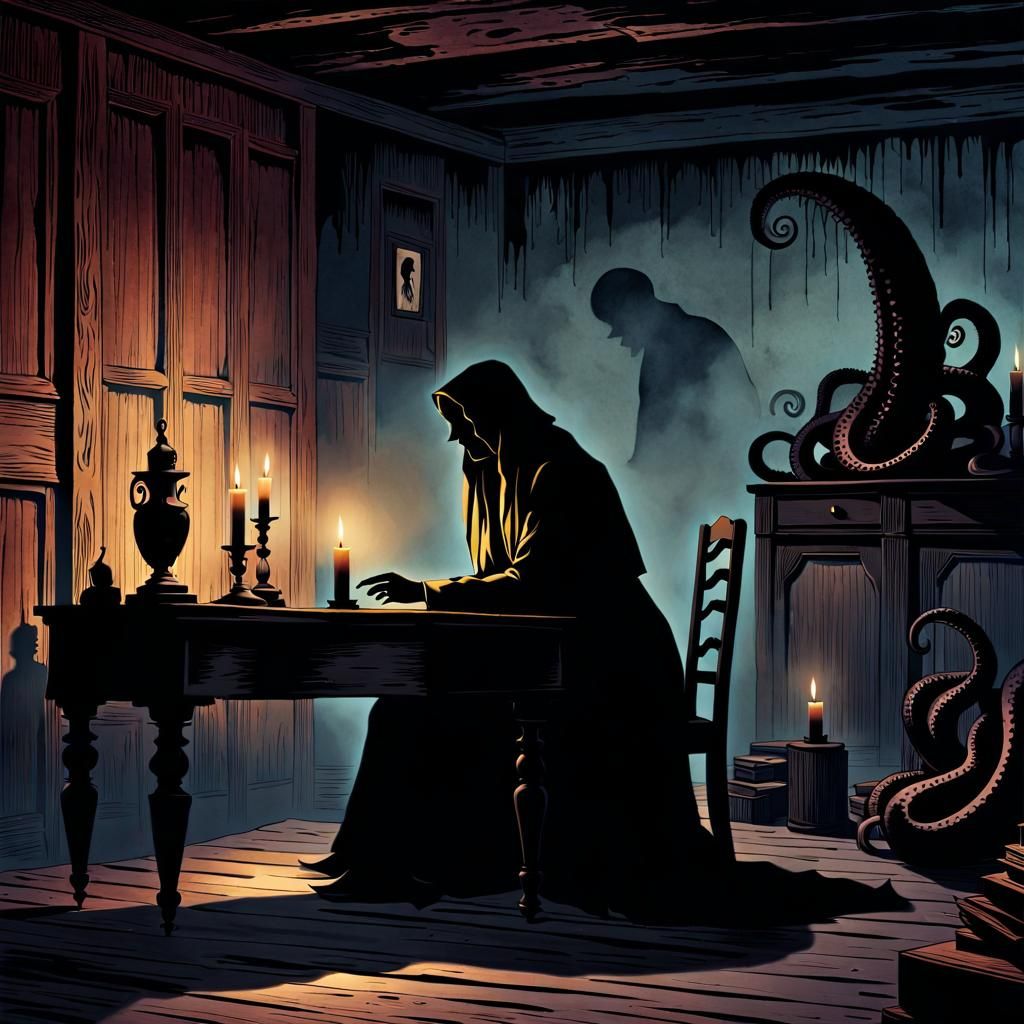 Eerie Figure at Antique Desk in Dark Romanticism Style