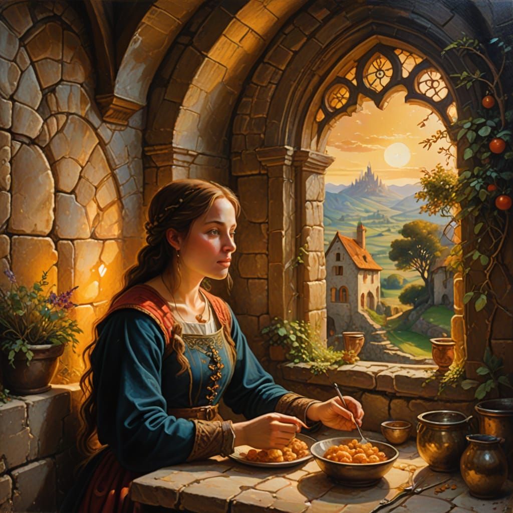 Medieval Woman Eating in Golden Light, Oil Painting