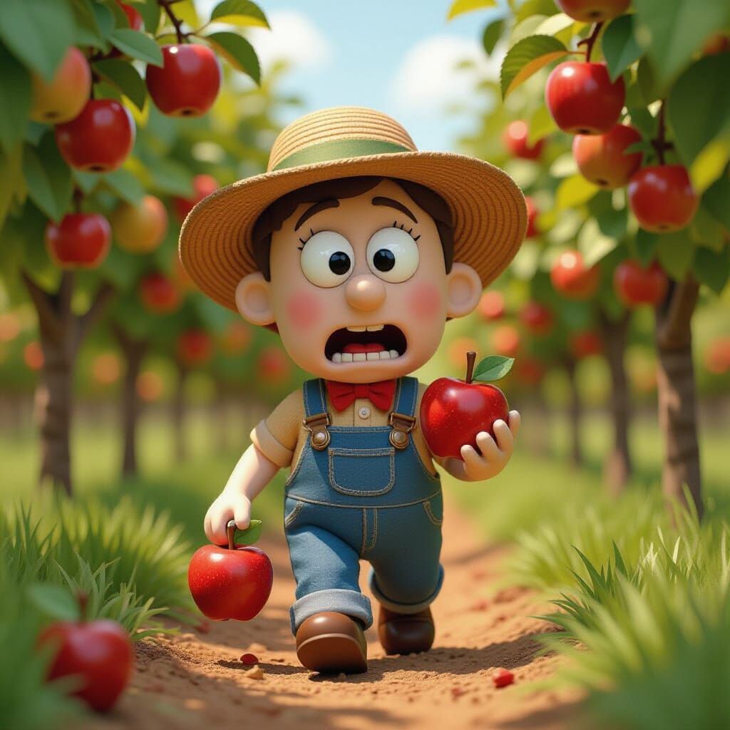 Claymation Apple Character in Gardener's Hat Holding Baby Ap...