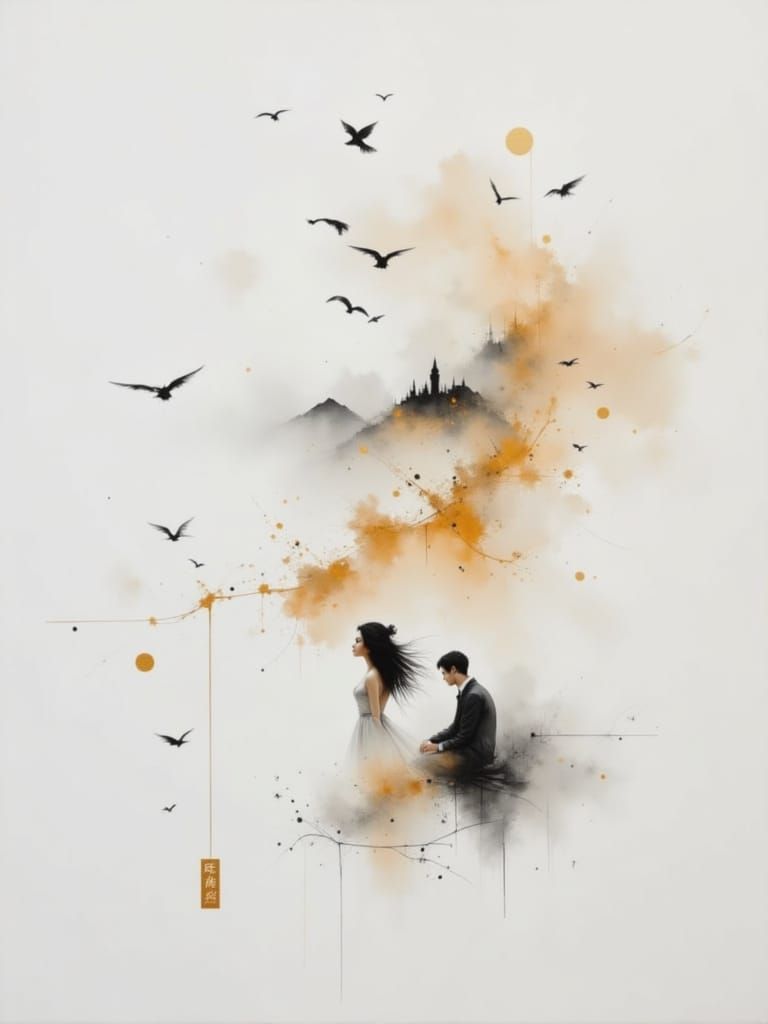 Elegant Woman in Gold Landscape, Abstract Romanticism