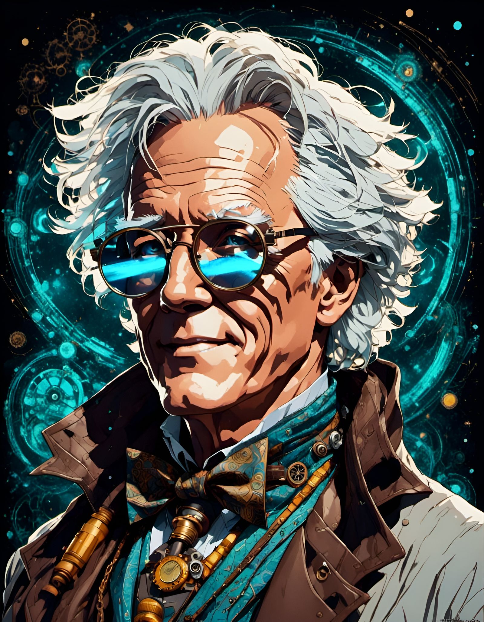Steampunk Portrait of Doc Emmett Brown in Linework Style