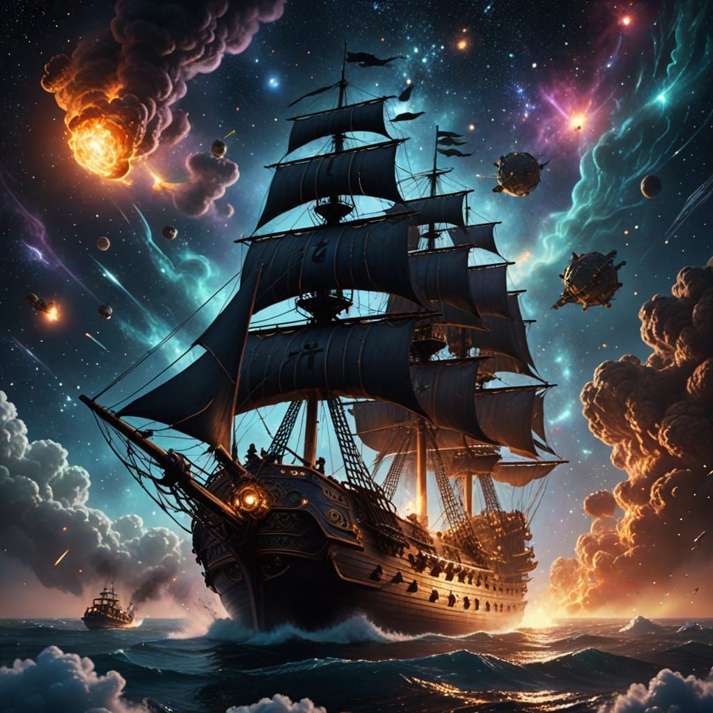 Pirate Ship Drifting Through Nebula in Space Opera Style