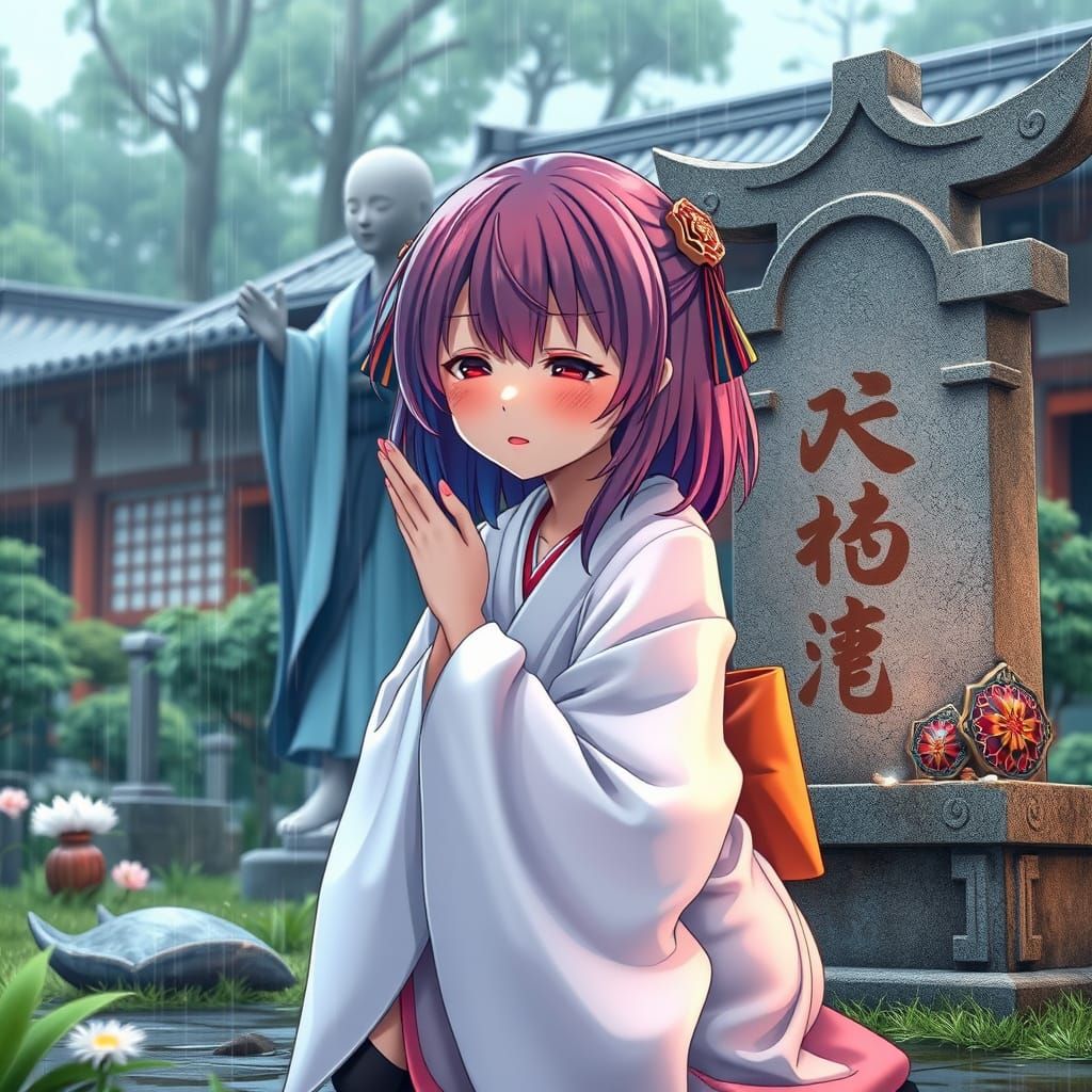 Grieving Woman Comforted by Kami: 3D Anime Art