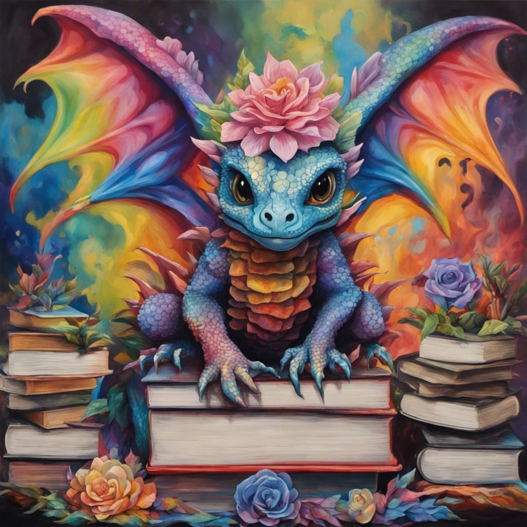 Vibrant Chibi Rainbow Dragon Amidst a Treasured Book Collect...