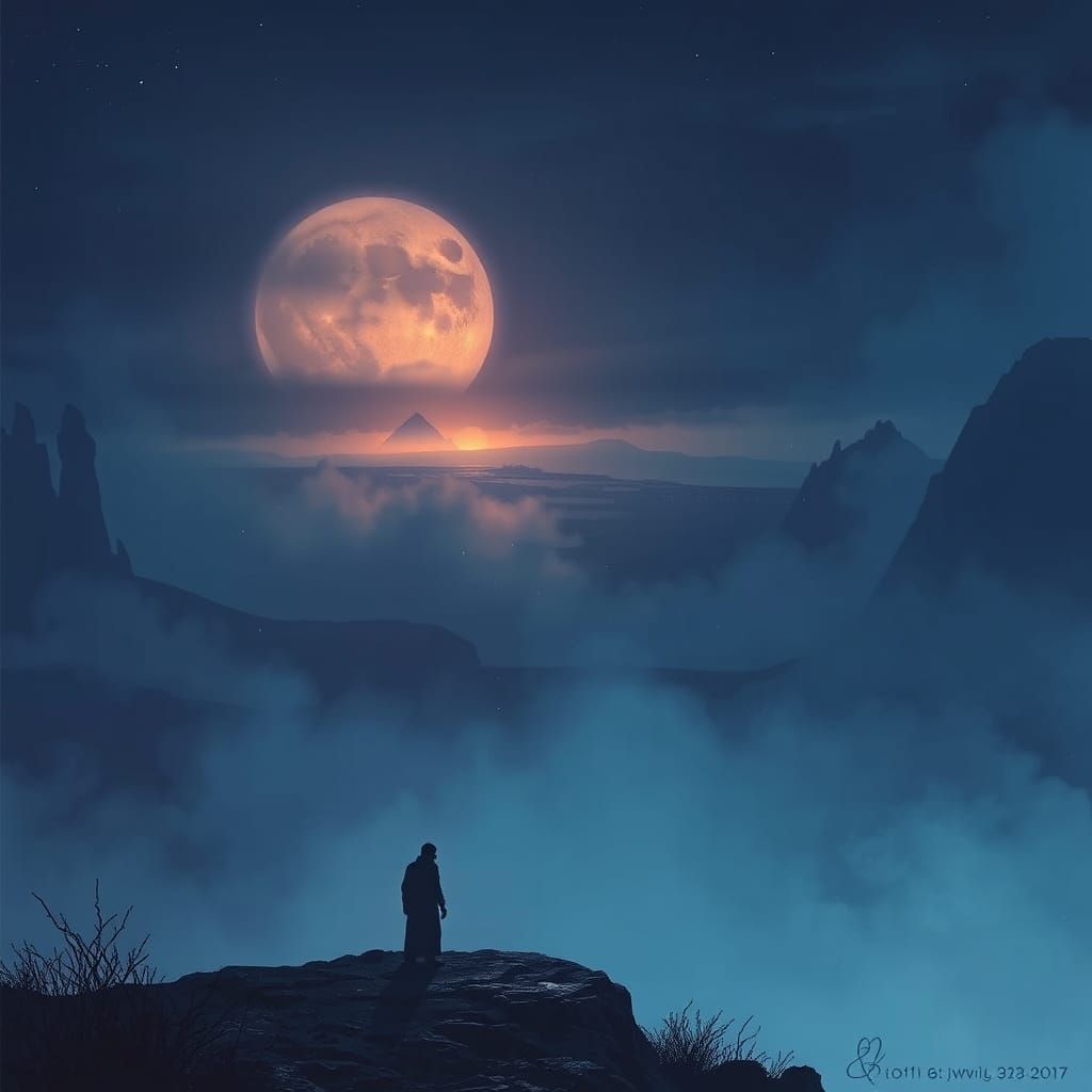 Mystical Figure in Moonlit Landscape as Digital Art