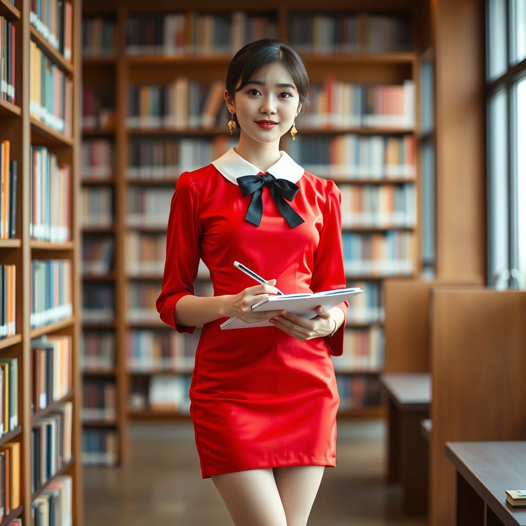 Young Woman in Red Dress in Library, Professional Photograph...