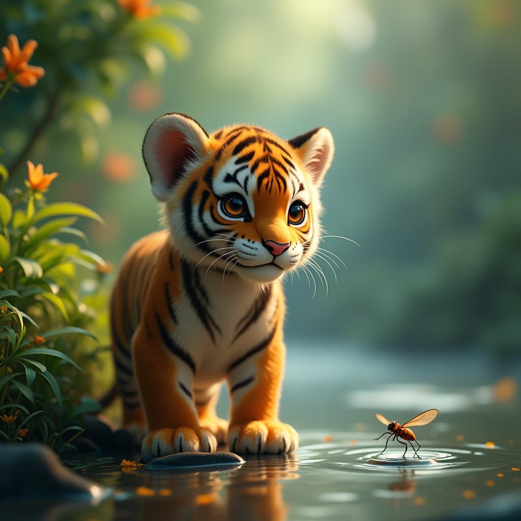 Golden Tiger Discovers Lush Forest Scene in Dreamlike Detail