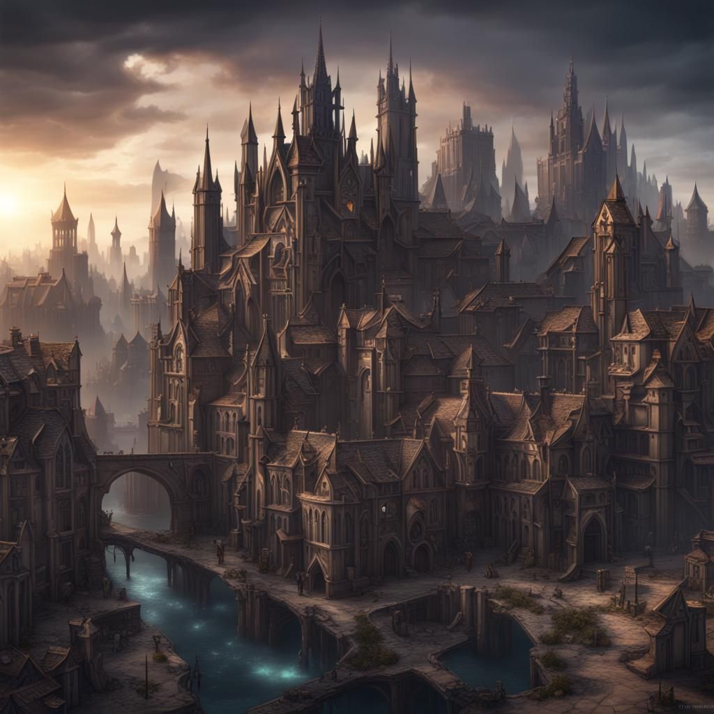 Gothic City Cutaway Map in Dark Fantasy Style