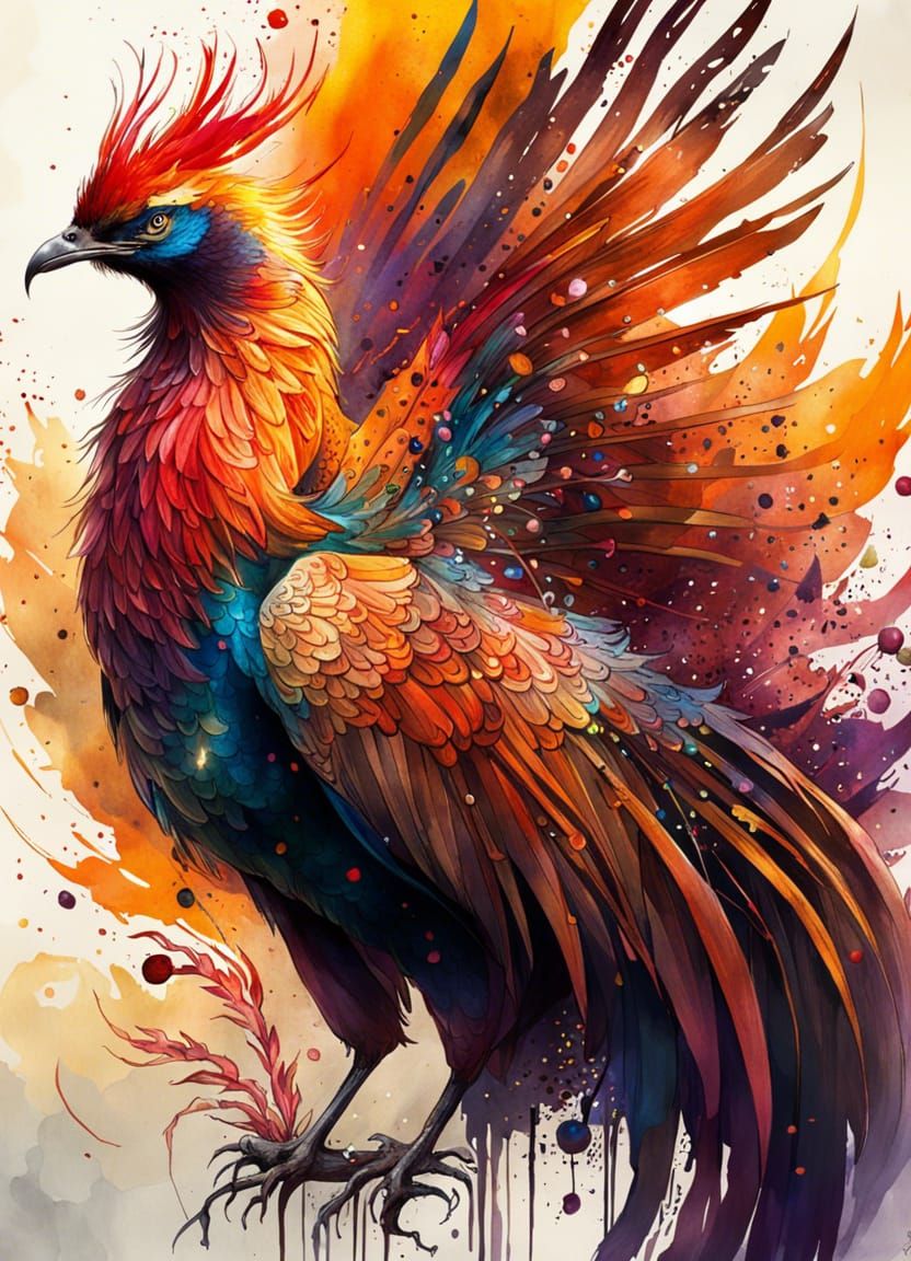 Watercolor Phoenix in Hyperdetailed Style