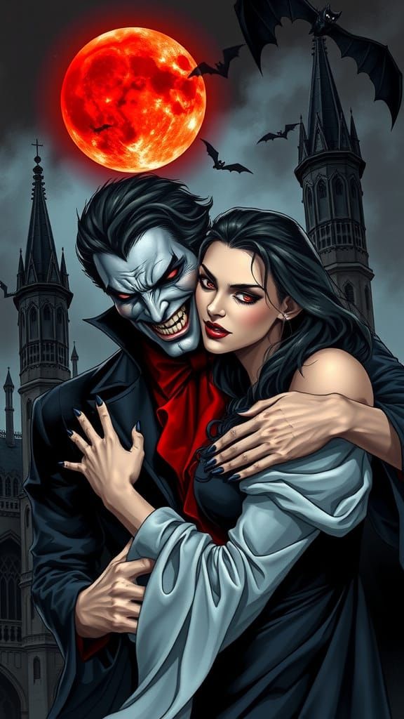 Gothic Vampire Couple Embracing in a Dark Castle