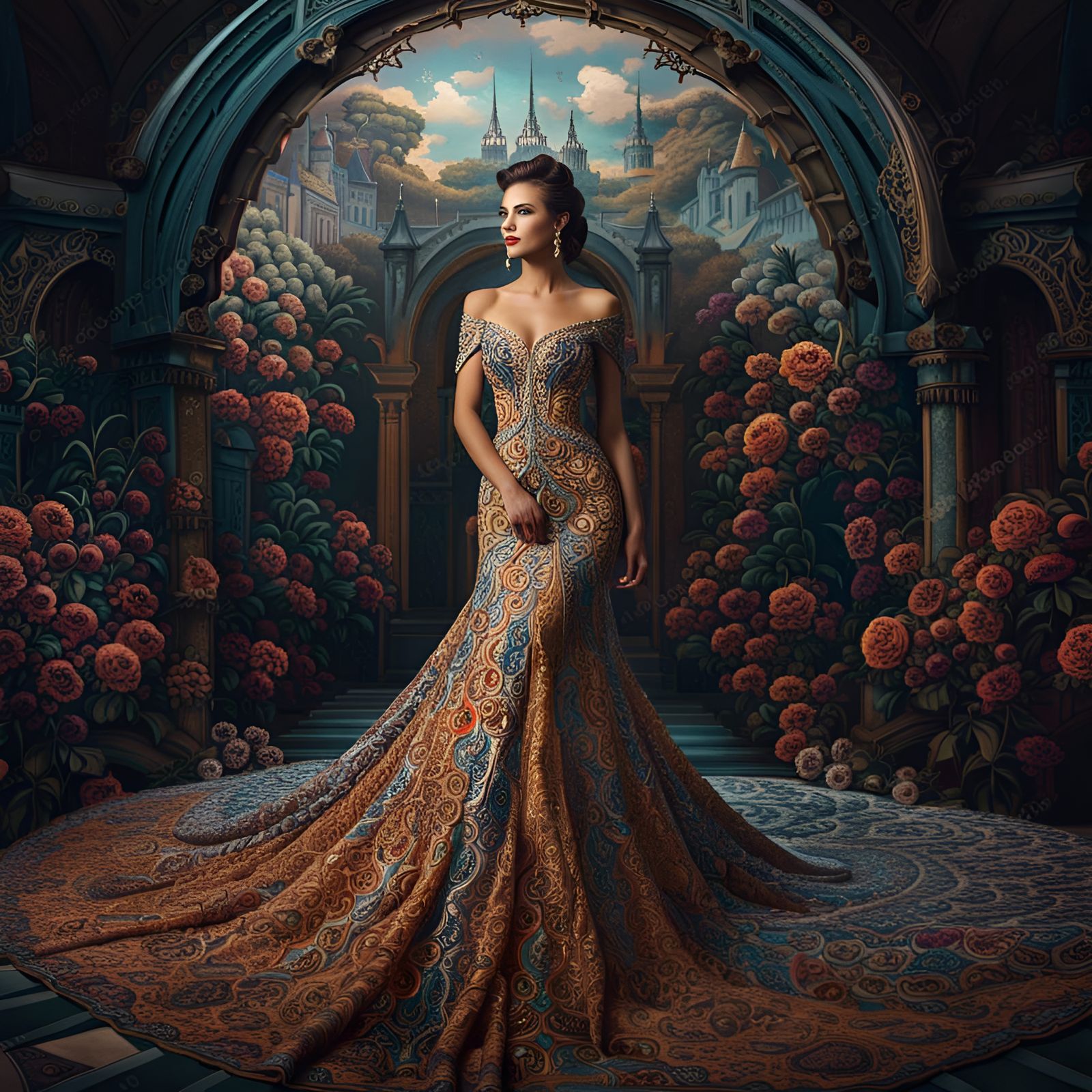 Elegant Woman in Elaborate Dress Portrait