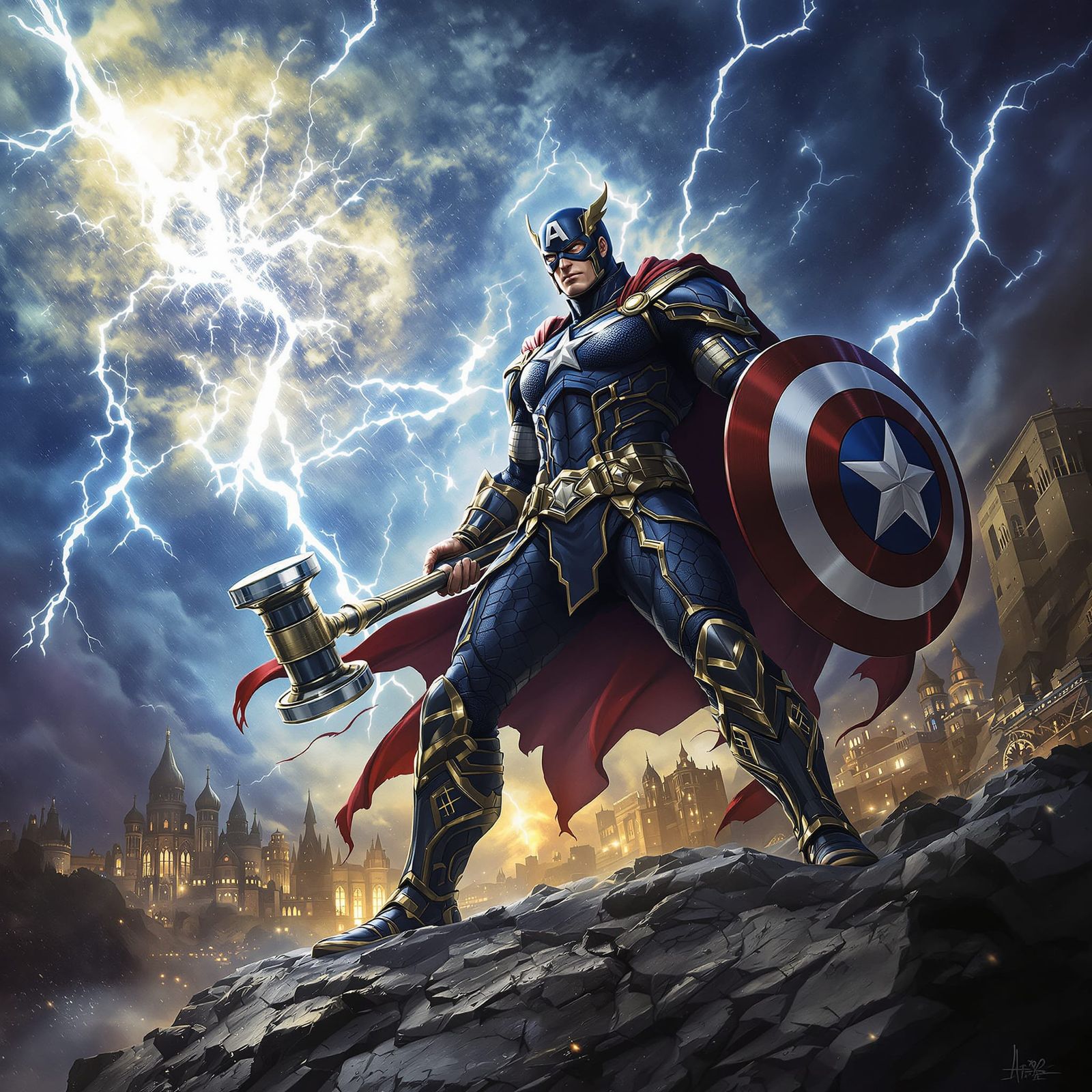 Captain America as Norse God with Mjolnir in Cosmic Storm