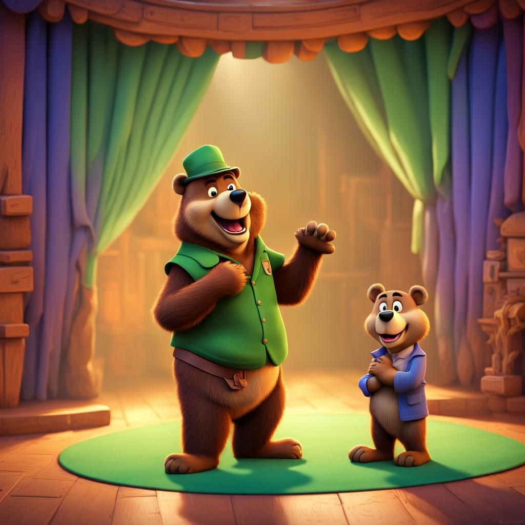 Yogi Bear Cub at Puppet Theater: Pixar-Style 3D Art