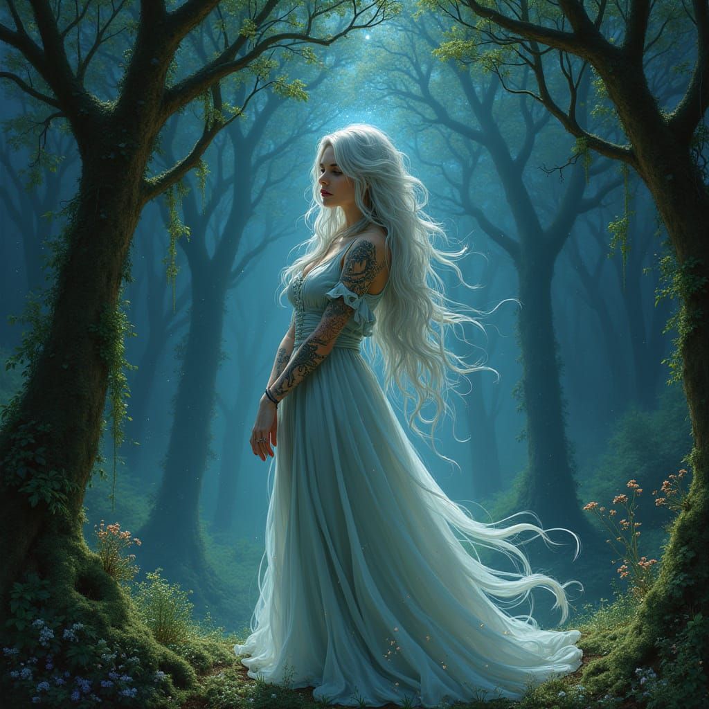 Enchanting Silver-Haired Sorceress in Art Nouveau Style