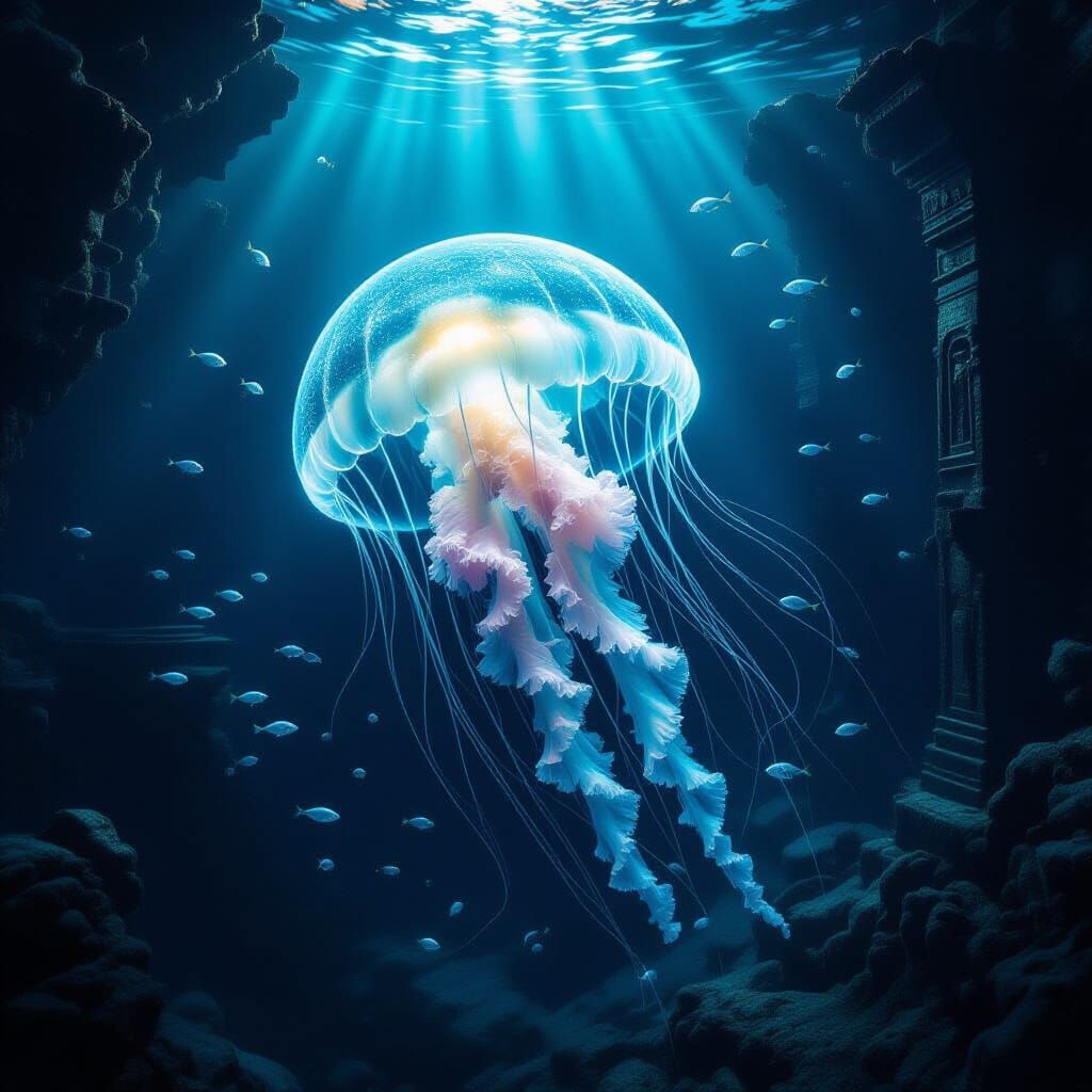 Bioluminescent Jellyfish Illuminates Deep-Sea Ruins