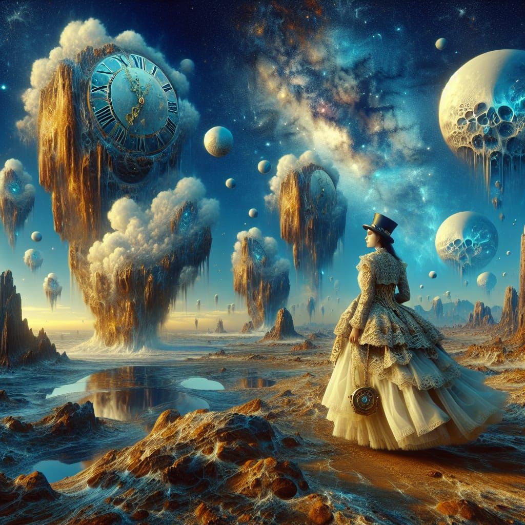 Steampunk Woman Amidst Melting Clocks and Floating Rocks in....
