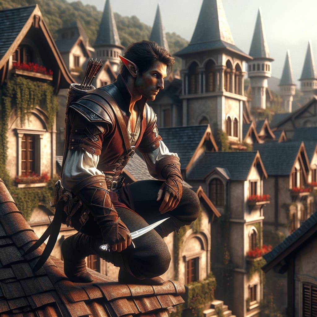 Elven Assassin on Rooftop in Detailed Matte Painting