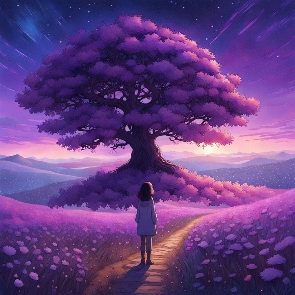Girl by Purple Tree in Starry Night, Digital Art