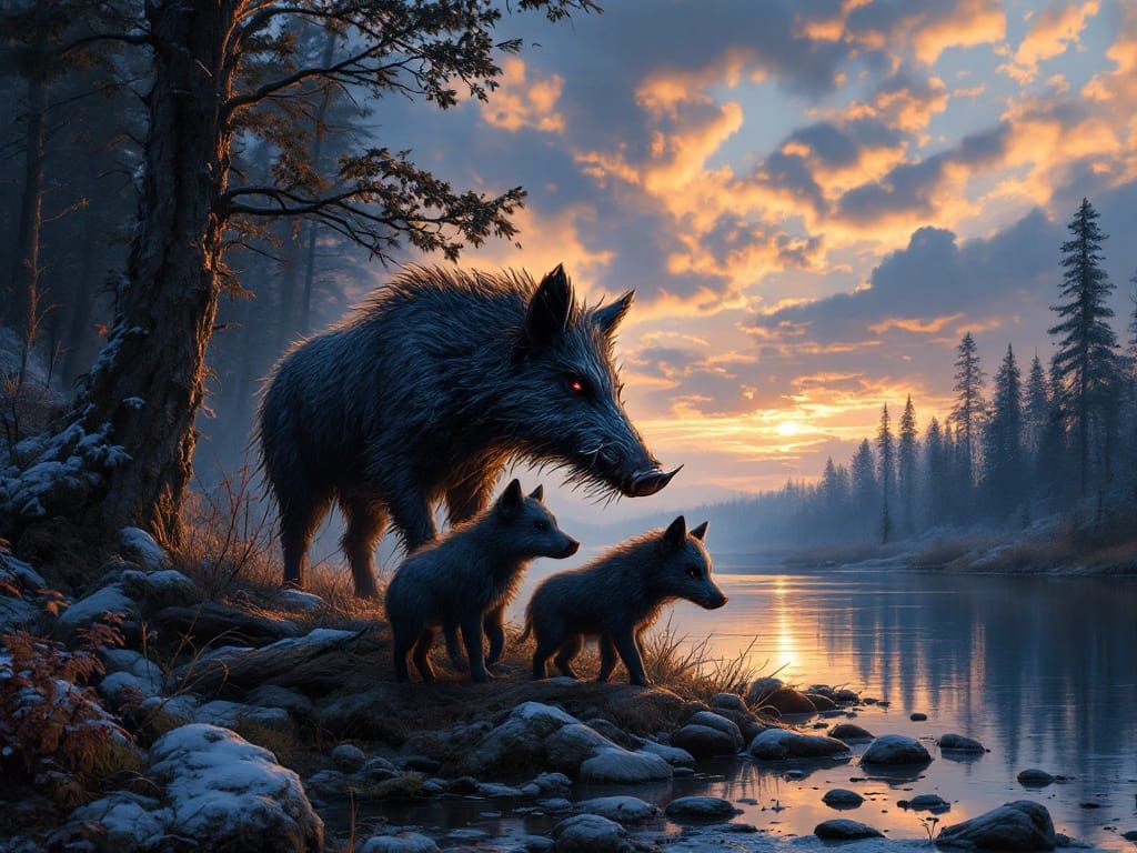 Boar and Cubs in Forest at Dusk: Dramatic Photography